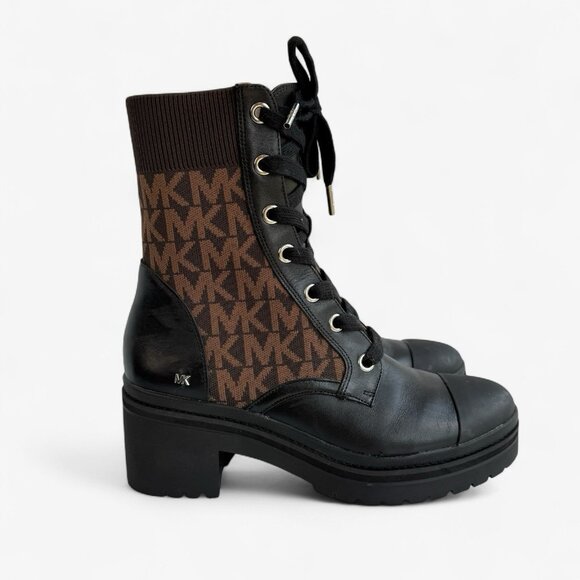 MICHAEL KORS Brea Black Brown Leather Logo Jacquard Combat Boot 9 M - Picture 1 of 10